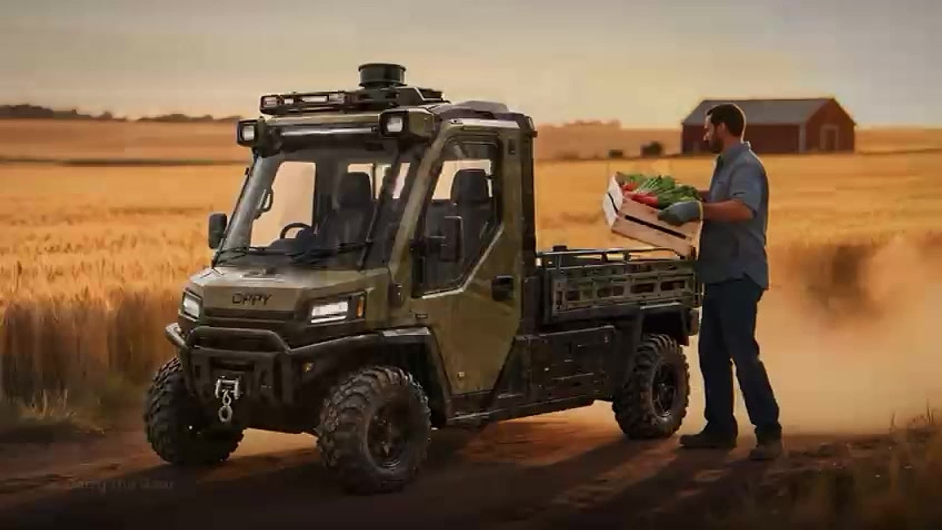 OPPY vehicle in golden wheat field with farmer loading produce harvest