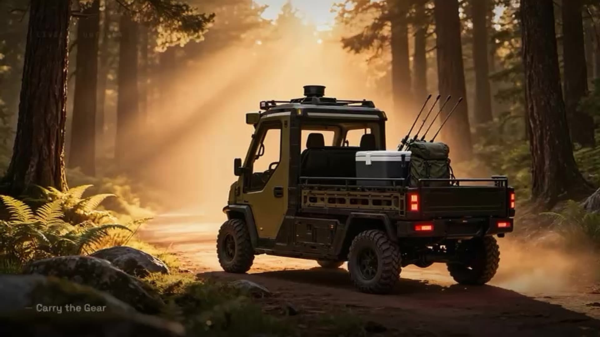 OPPY vehicle driving down sunbeam forest trail carrying outdoor utility equipment
