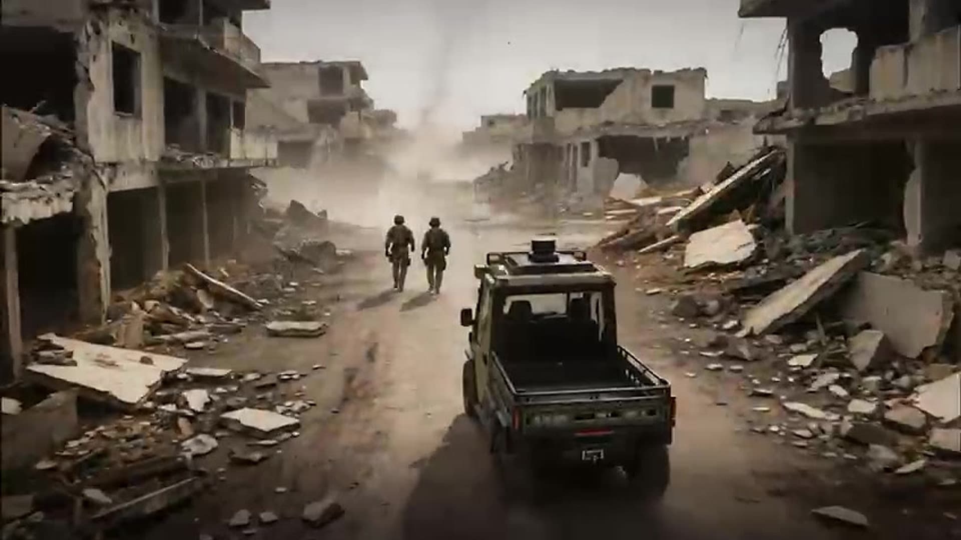 OPPY vehicle accompanying dismounted infantry squad through urban ruins